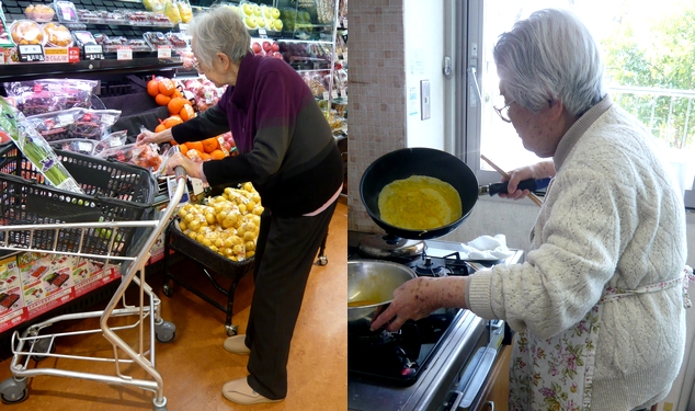スーパーでの買い物の様子、料理中の様子