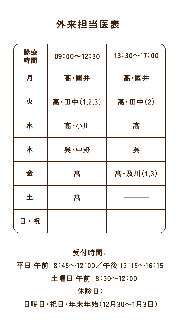 外来担当医表／受付時間：平日 午前 8:45～12:00／午後 13:15～16:15／土曜日 午前 8:30～12:00／休診日：日曜日・祝日・年末年始（12月30～1月3日）