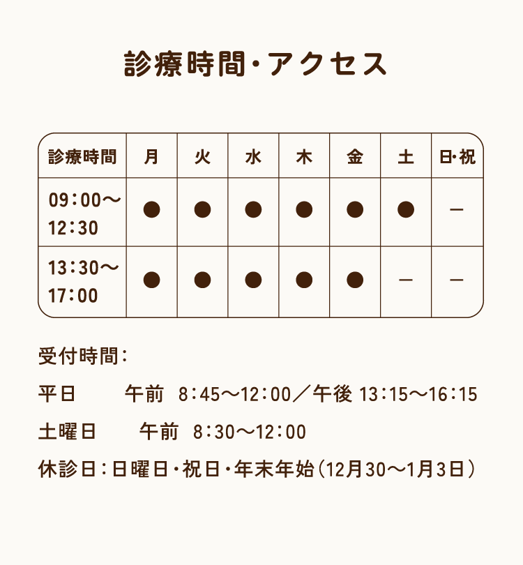 診療時間・アクセス／受付時間：平日 午前 8:45～12:00／午後 13:15～16:15／土曜日 午前 8:30～12:00／休診日：日曜日・祝日・年末年始（12月30～1月3日）