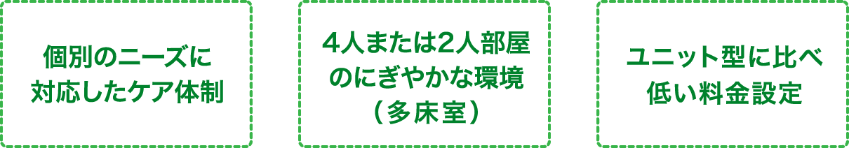 個別のニーズに対応したケア体制、4人または2人部屋のにぎやかな環境（多床室）、ユニット型に比べ低い料金設定